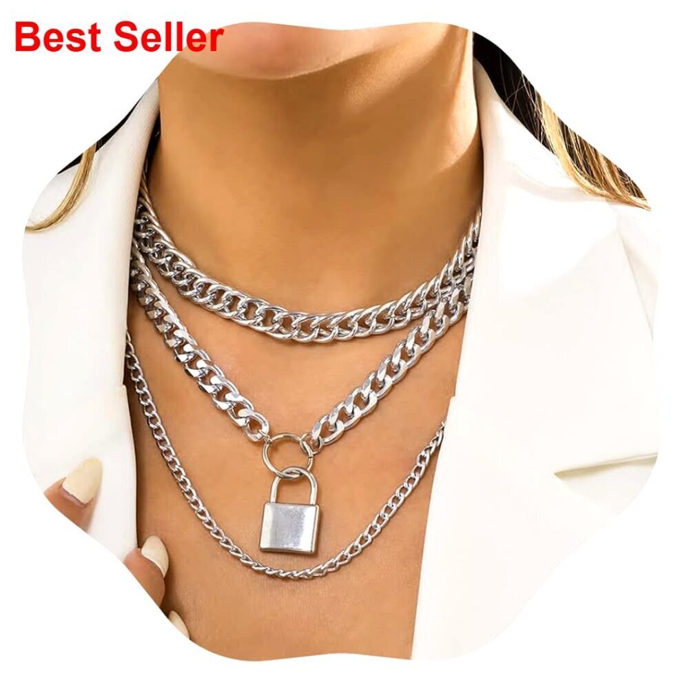 Chunky Chain Necklace Set with Lock Pendant, Layered Choker